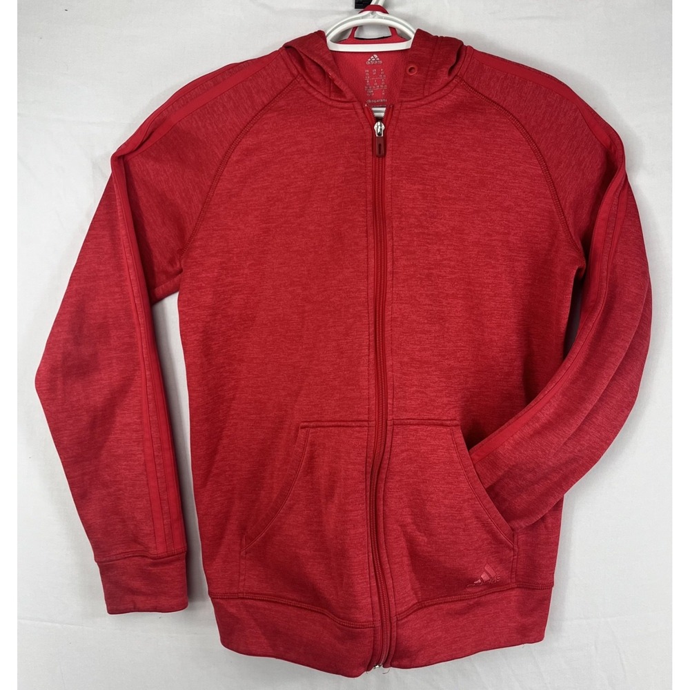 Adidas Climawarm Mens XS Red Heathered Zip Hoodie 3-Stripe Thumbhole Fleece Jack